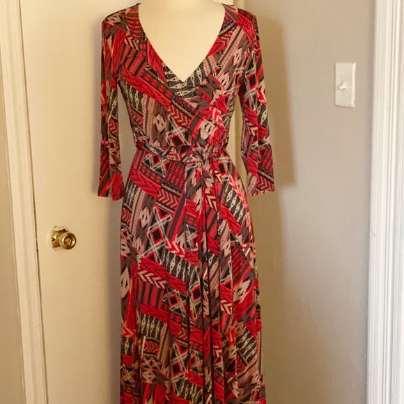 New Jersey Wrap Maxi Dress Red Black Size S M L - Picture 2 of 5